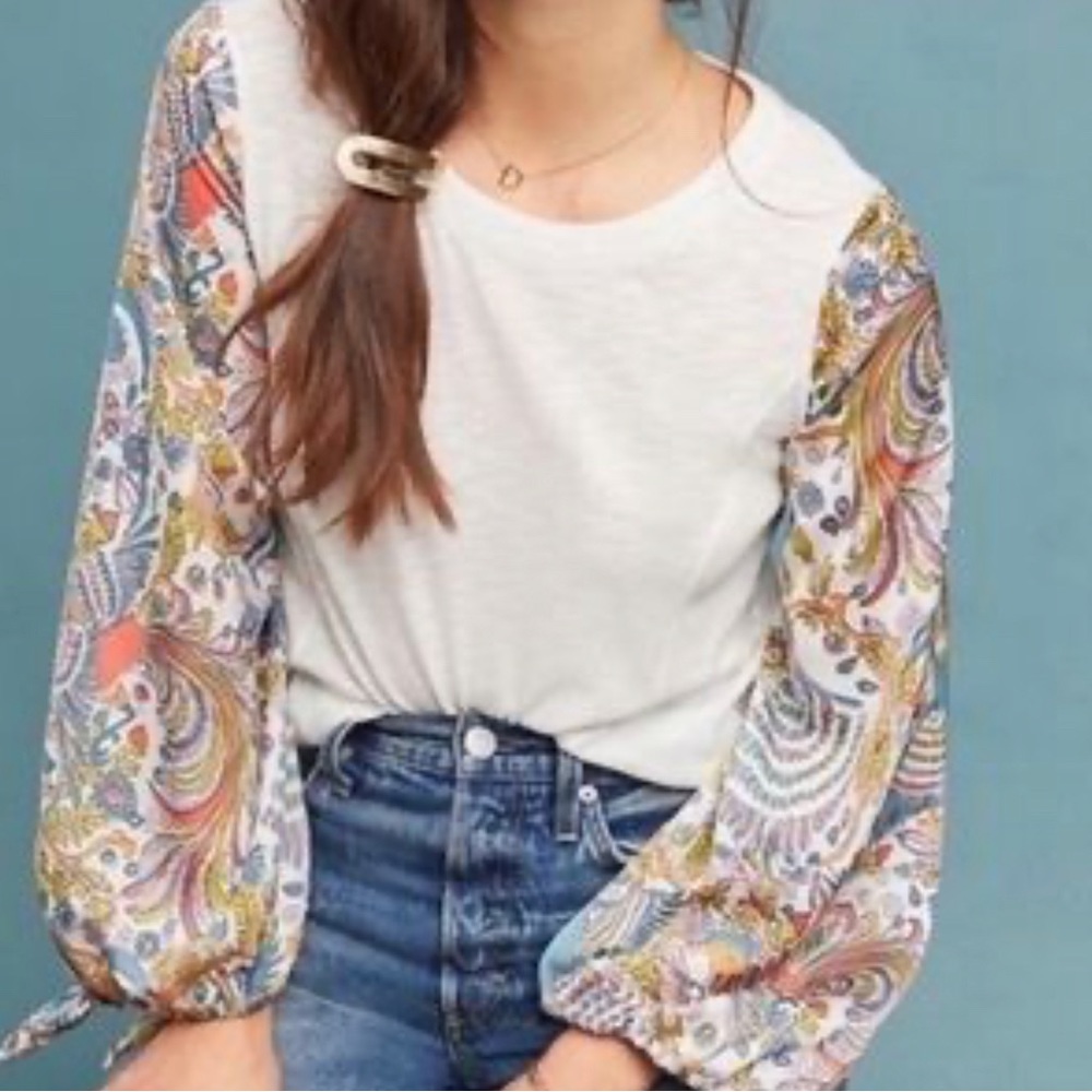 Anthropologie White Blouse with Multicolor Paisley Sleeves